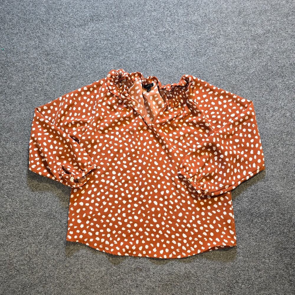 J Crew Top Womens Size Medium Brown White V Neck Dotted Relaxed Career Capsule